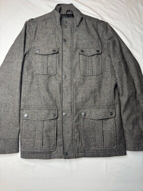 Marc Anthony Herringbone Military Field Jacket Gray Wool Blend Men's M